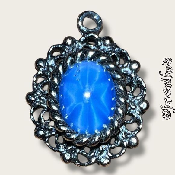 Silver-Tone Pendant with Blue Cabochon Sapphire Glass Center - Picture 1 of 10